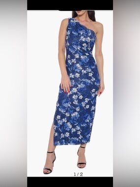 MARINA One-Shoulder Navy and White Floral Gown